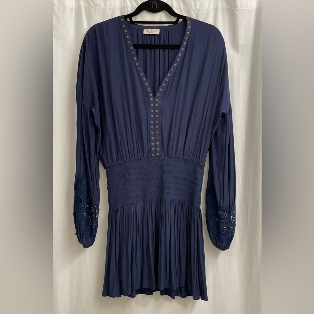Ramy Brook V - Neck Long Sleeve Blue Dress with Lace and Grommet Accents